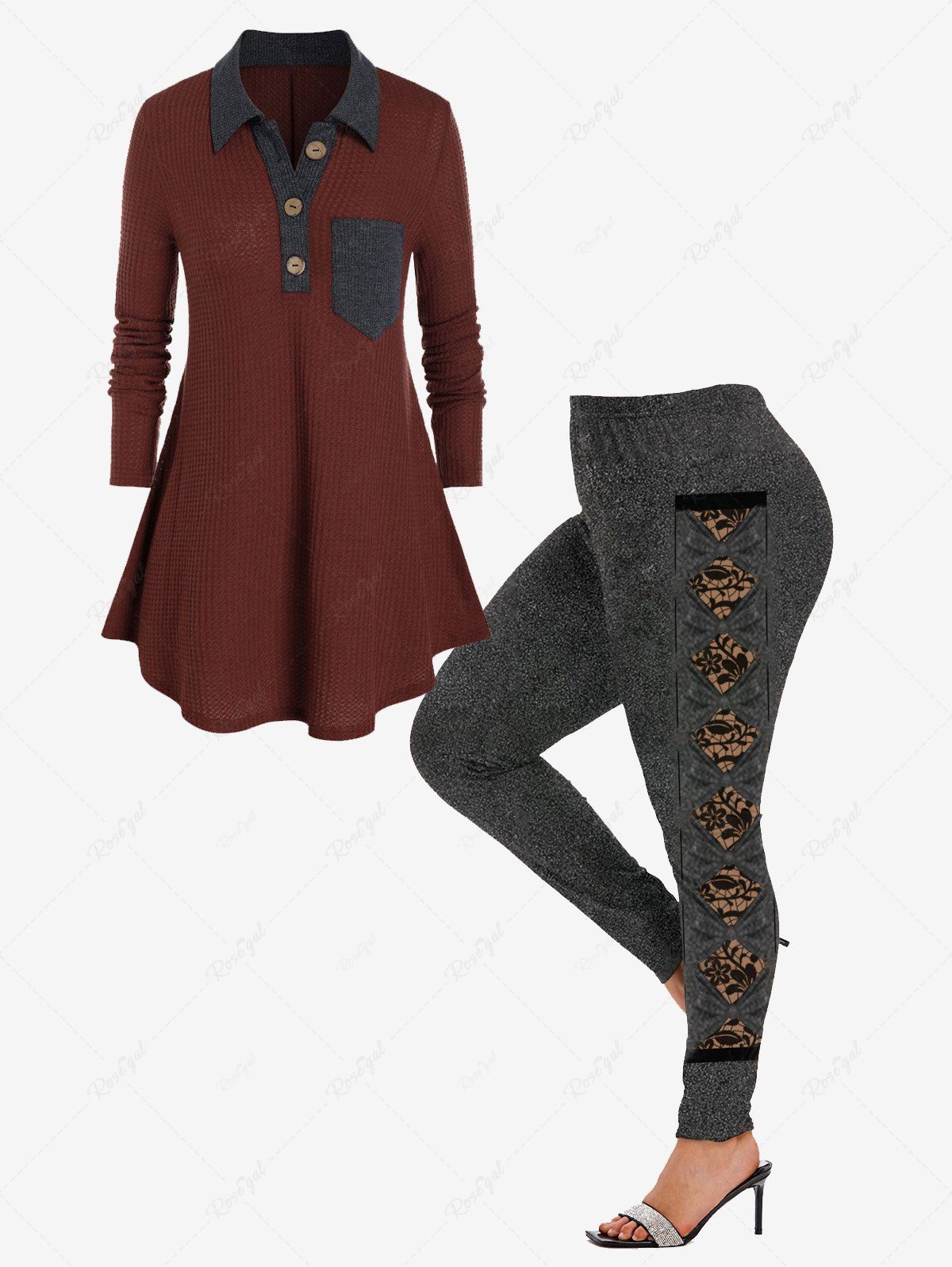 Affordable Contrast Trim Pocket Knitwear and High Waist 3D Bowknot Lace Print Leggings Plus Size Outerwear Outfit  
