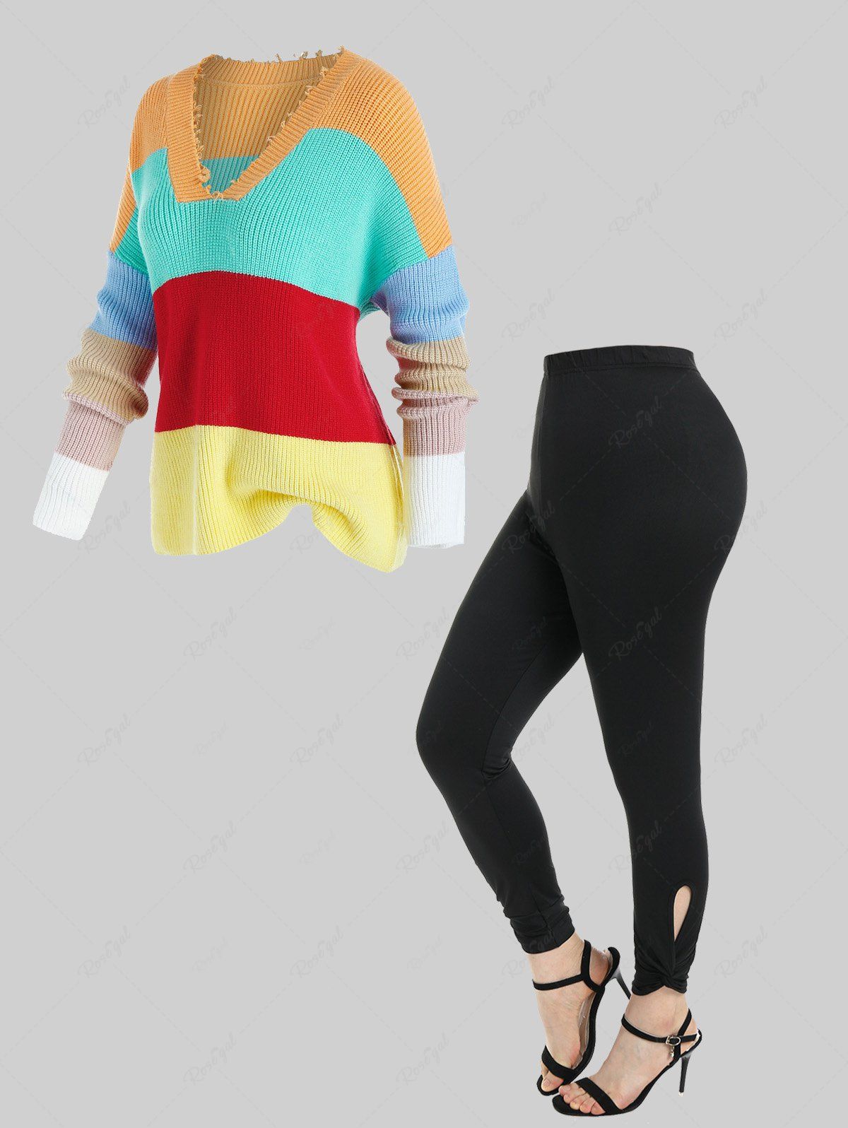 Fancy Colorblock Drop Shoulder Frayed Detail Sweater and High Rise Cutout Twist Leggings Plus Size Outerwear Outfit  