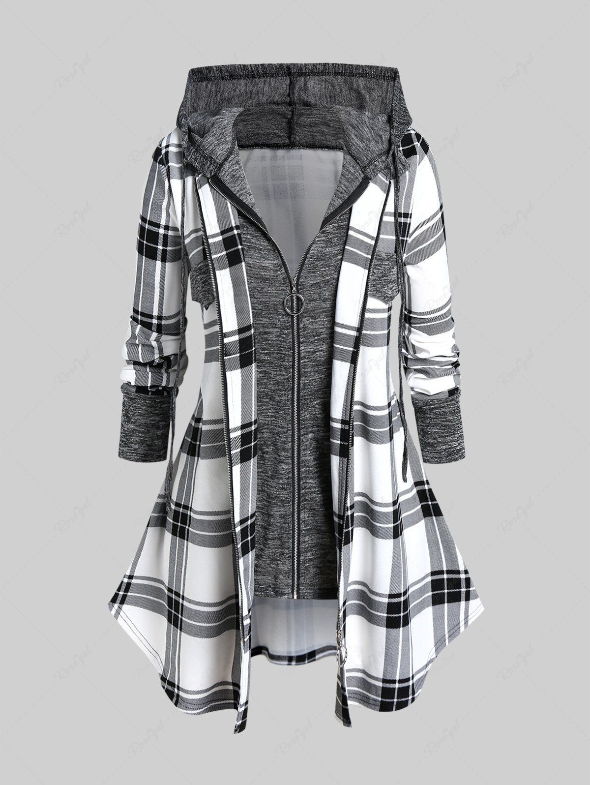 Affordable Plus Size Hooded  Faux Twinset Plaid Jacket  