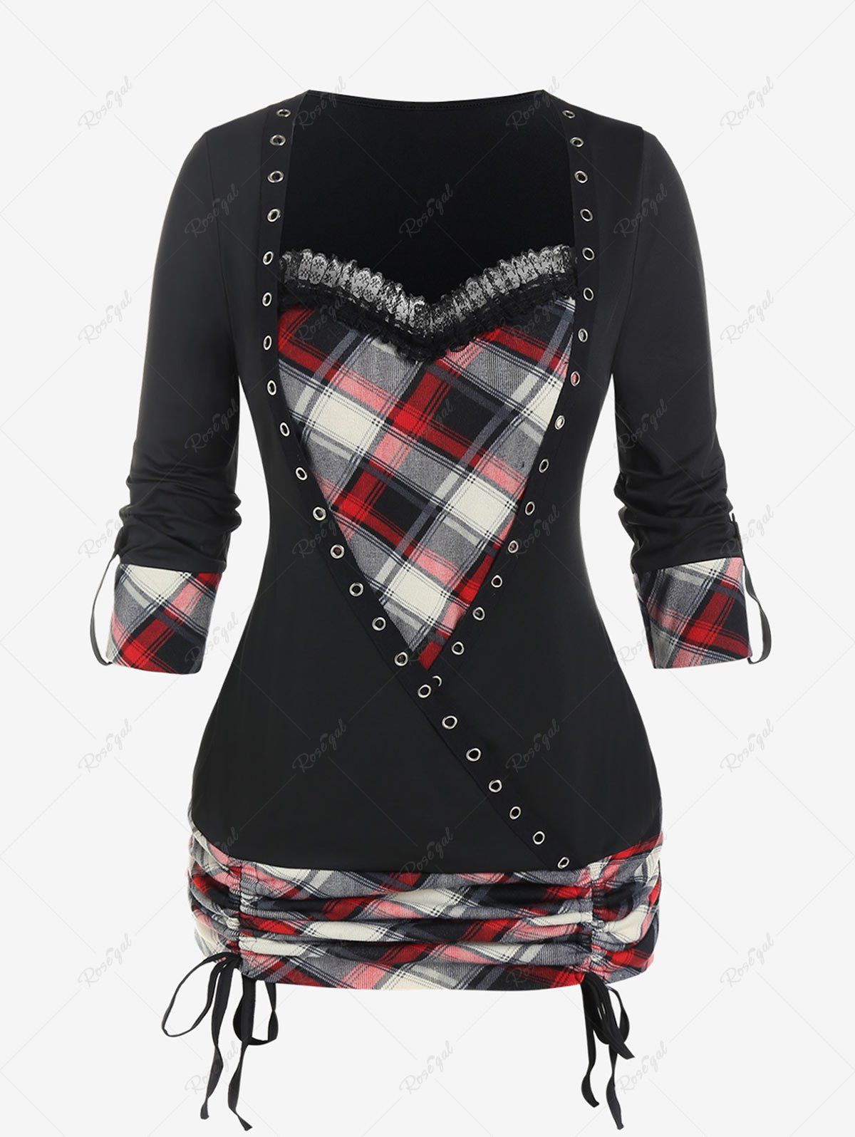 Shops Plus Size Lace Trim Ruched Cinched Grommets Plaid T-shirt  