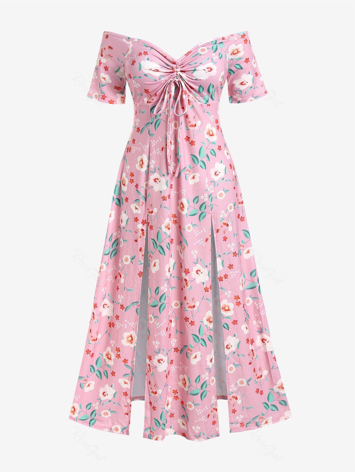 Trendy Plus Size Flower Print Cinched Slit Maxi Cottagecore Dress  