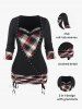 Plus Size Lace Trim Ruched Cinched Grommets Plaid T-shirt -  