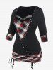 Plus Size Lace Trim Ruched Cinched Grommets Plaid T-shirt -  