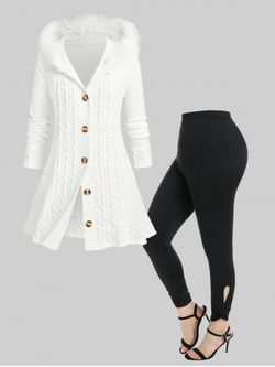 Hooded Fuzzy Trim Cable Knit Cardigan and High Rise Cutout Twist Leggings Plus Size Outerwear Outfit - WHITE