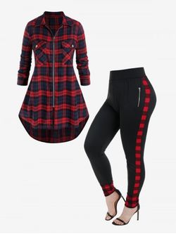 Plaid Zipper Fly High Low Shirt with Pockets and Wide Waistband Plaid Zipper Pants Plus Size Outfit - RED