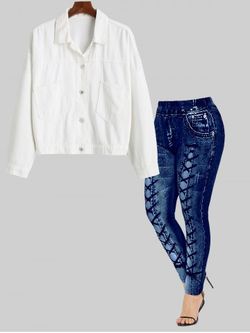 Front Pockets Button Up Denim Jacket and High Waisted 3D Printed Leggings Plus Size Outerwear Outfit - WHITE