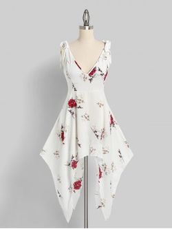 Plus Size & Curve Flower Tie Shoulder Hanky Hem Beach Dress - WHITE - 1X