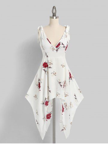 Plus Size & Curve Flower Tie Shoulder Hanky Hem Beach Dress - WHITE - 5X