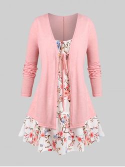 Plus Size Floral Print 2 in 1 Tee - LIGHT PINK - L | US 12
