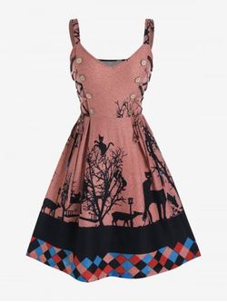 Plus Size Lace Up Plaid Cat and Branch Print Fit and Flare Dress - LIGHT PINK - 1X | US 14-16