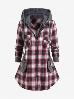 Plus Size Flap Pocket Cable Knit Plaid Hooded 2 in 1 Coat - DEEP RED - 1X | US 14-16