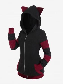 Plus Size Cat Ear Ribbed Colorblock Hooded Jacket - BLACK - 1X | US 14-16