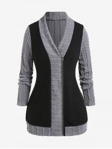 Plus Size Cable Knit Colorblock Shawl Neck Zipper Fly Cardigan