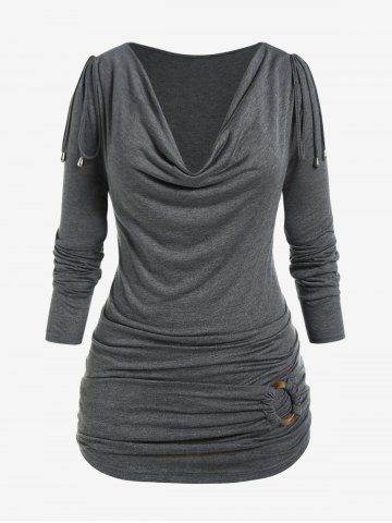 Plus Size Long Sleeve Cowl Neck O Ring Ruched T-shirt - GRAY - M | US 10