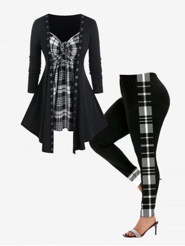 Grommets Plaid Tee and Colorblock Leggings Plus Size Outfit