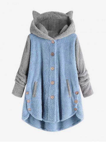 Plus Size Rabbit Ear Hood Colorblock Faux Fur High Low Fluffy Coat - BLUE - L