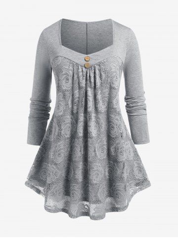 Flower Pattern Lace Mock Button T Shirt - LIGHT GRAY - 5X