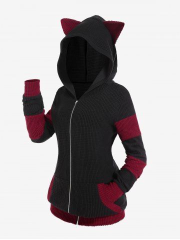 Plus Size Cat Ear Ribbed Colorblock Hooded Jacket - BLACK - M | US 10