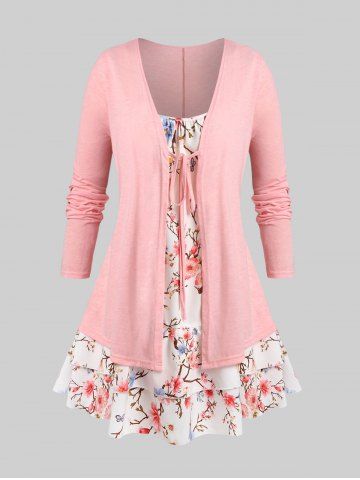Plus Size Floral Print 2 in 1 Tee - LIGHT PINK - 4X | US 26-28
