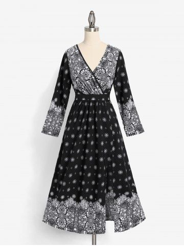 Split Sleeve Thigh Slit Printed Plus Size Surplice Dress - BLACK - 4X