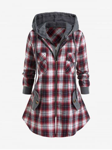Plus Size Flap Pocket Cable Knit Plaid Hooded 2 in 1 Coat - DEEP RED - M | US 10