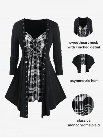 Plus Size Plaid Grommets Faux Twinset Tee