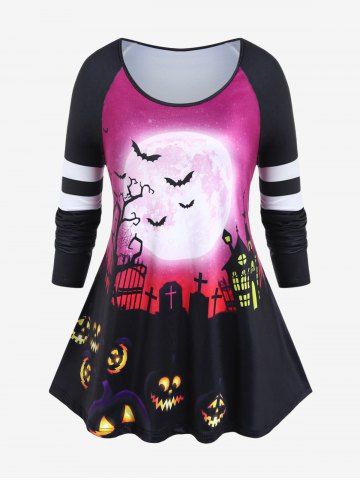 T-shirt à Imprimé Château Lune et Citrouille Halloween à Manches Raglan Grande Taille - BLACK - L | US 12