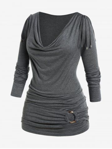 Plus Size Long Sleeve Cowl Neck O Ring Ruched T-shirt