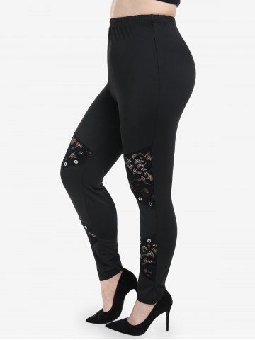 Womens Ladies Floral Lace Side Panel Cut Out Black Leggings Plus Size NEW 