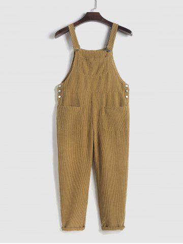 Multi-pockets Solid Color Corduroy Overalls - COFFEE - XL
