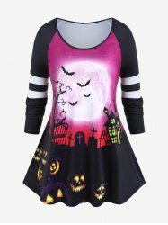 Halloween Moon Pumpkin Castle Print Raglan Sleeve T-shirt -  