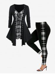 Grommets Plaid Tee and Colorblock Leggings Plus Size Outfit -  