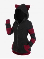 Plus Size Cat Ear Ribbed Colorblock Hooded Jacket -  