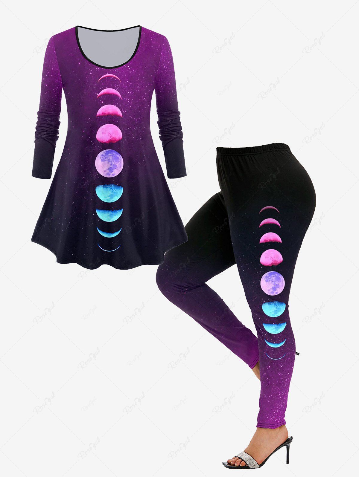 Outfit Ombre Color Moon Phase Print T-shirt and Leggings Plus Size Matching Set  