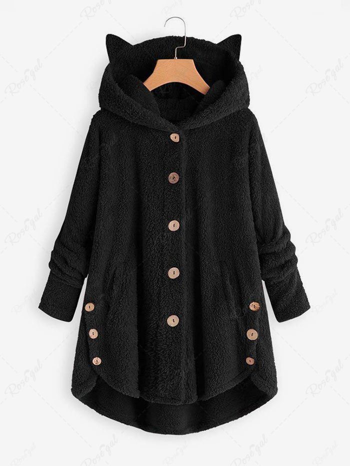 Shop Plus Size Cat Ear Hood High Low Fluffy Faux Fur Coat  