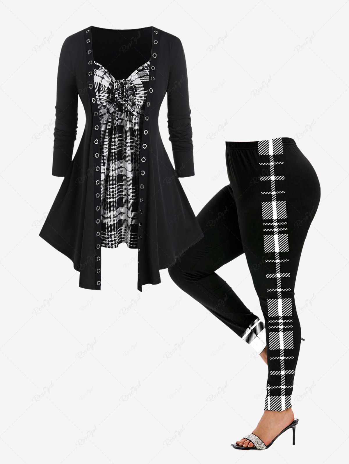 Chic Grommets Plaid Tee and Colorblock Leggings Plus Size Outfit  