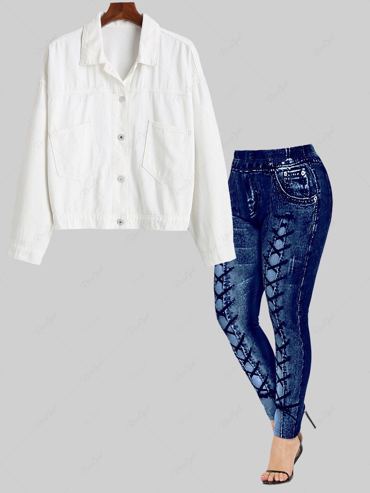 Shops Front Pockets Button Up Denim Jacket and High Waisted 3D Printed Leggings Plus Size Outerwear Outfit  