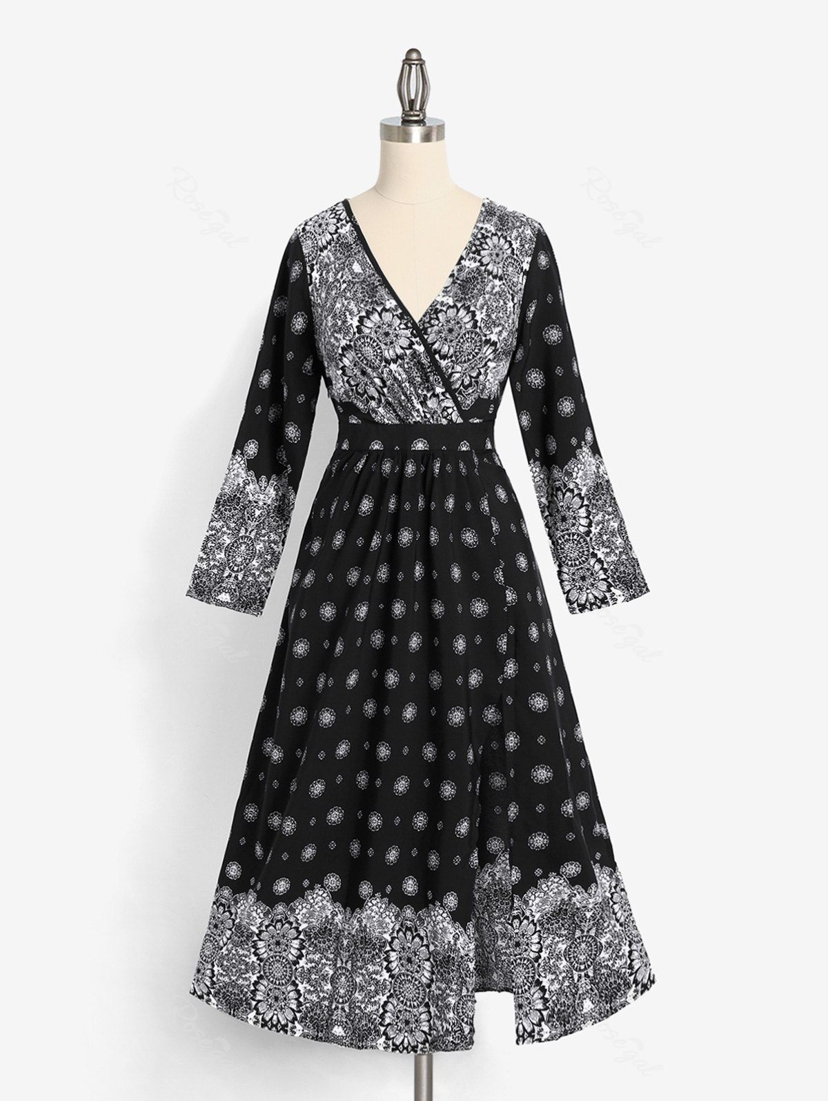 Online Split Sleeve Thigh Slit Printed Plus Size Surplice Dress  
