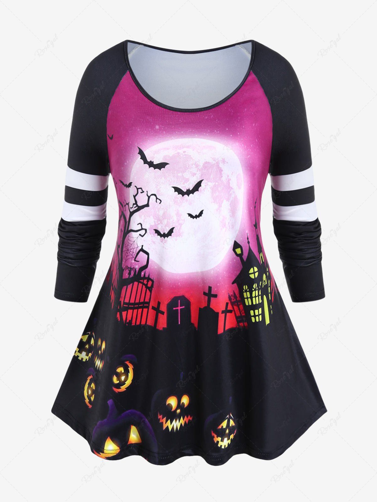 Fashion Plus Size Halloween Moon Pumpkin Castle Print Raglan Sleeve T-shirt  