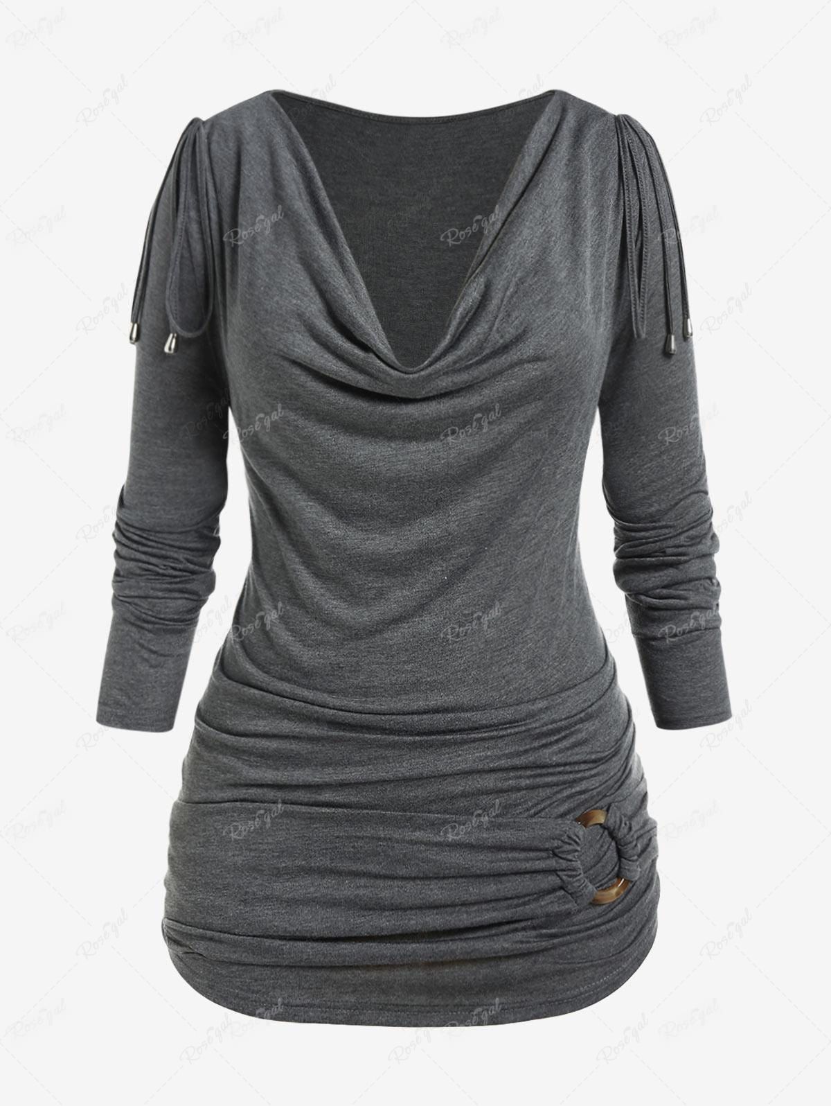 Fashion Plus Size Long Sleeve Cowl Neck O Ring Ruched T-shirt  