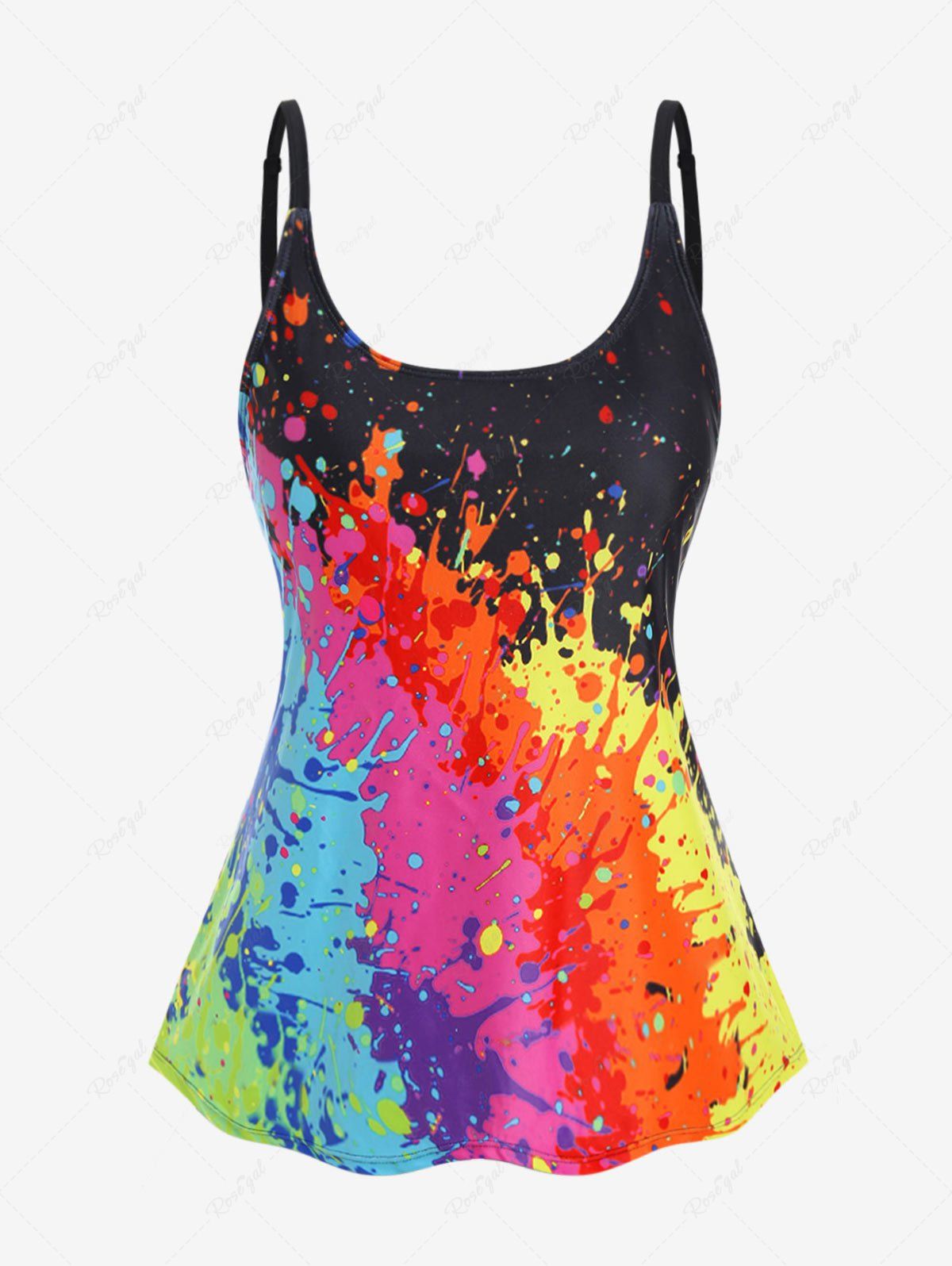 Chic Plus Size Backless Paint Splatter Padded Tankini Top Swimsuit  