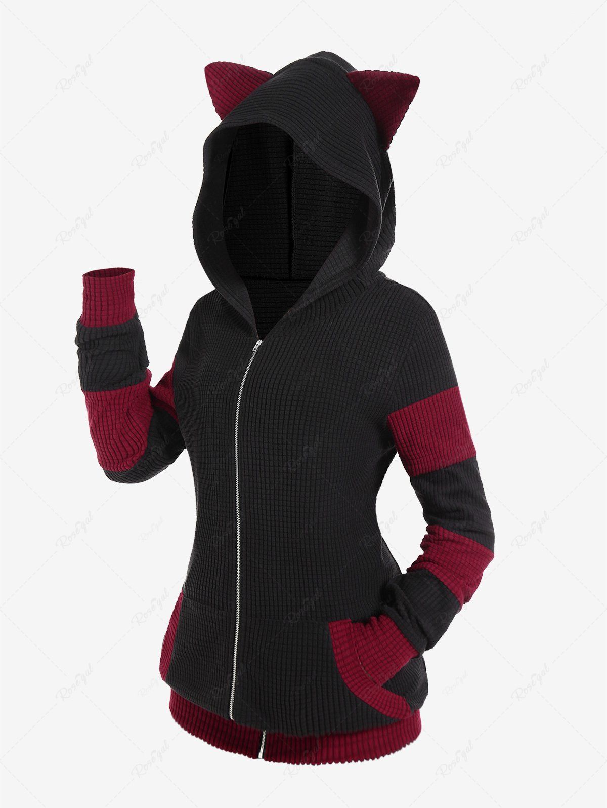 Online Plus Size Cat Ear Ribbed Colorblock Hooded Jacket  