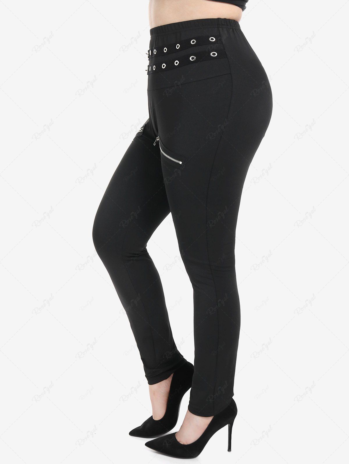 Pantalon Moulant Zippé de Grande Taille à Œillet Noir M | US 10