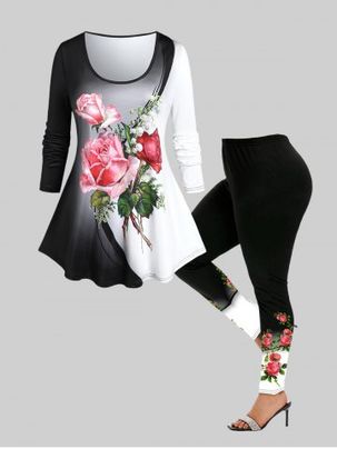 Rose Colorblock T-shirt and Leggings Plus Size Outfit
