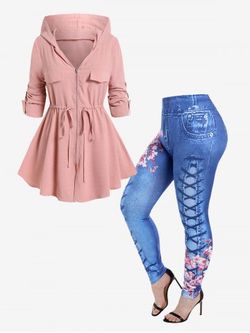 Hooded Zipper Drawstring Waisted Roll Tab Sleeves Coat and Floral 3D Lace Up Denim Print Jeggings Plus Size Outfit - LIGHT PINK
