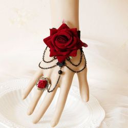 Gothic Vintage Lace Flower Finger Ring Bracelet - RED