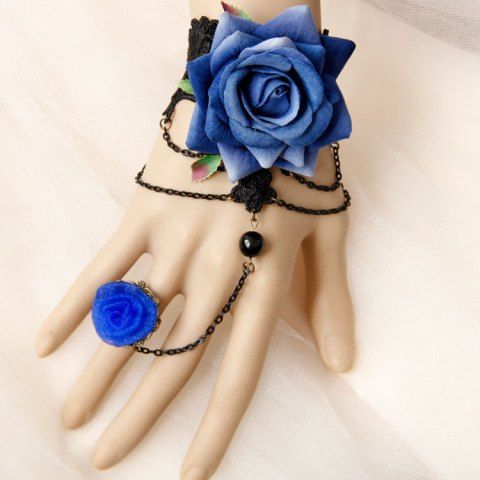 Gothic Flower Rose Lace Hand Slave Harness Chain Finger Ring Bracelet - BLUE
