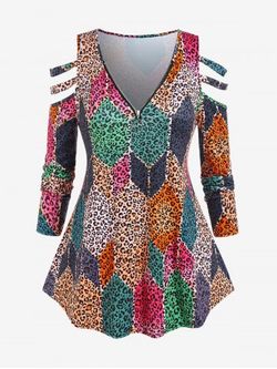 Plus Size Cold Shoulder Ladder Cutout Colorful Leopard Print T-shirt - MULTI-A - XL
