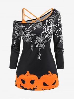 Halloween Skew Neck Pumpkins Spider Web Printed Tee and Crisscross Tank Top Set