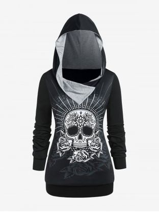 Gothic Skull Rose Print Pullover Hoodie